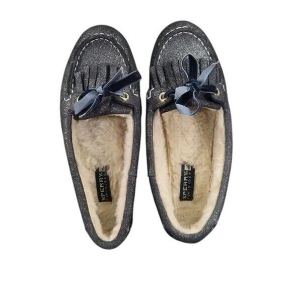Sperry Shoes Women 6 Moccasin Flats Slip On Leather Metallic Shimmer Slipper Bow - Picture 11 of 14